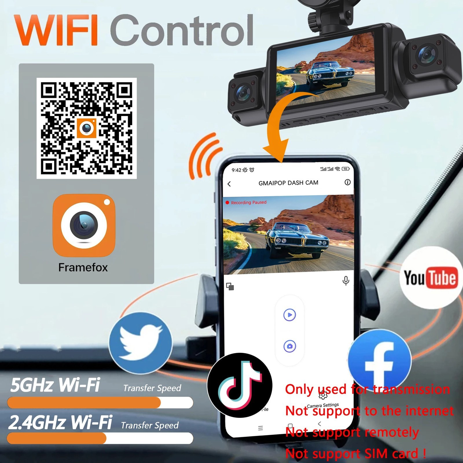 Dual Lens Dash Cam - Loop Recording and G-Sensor