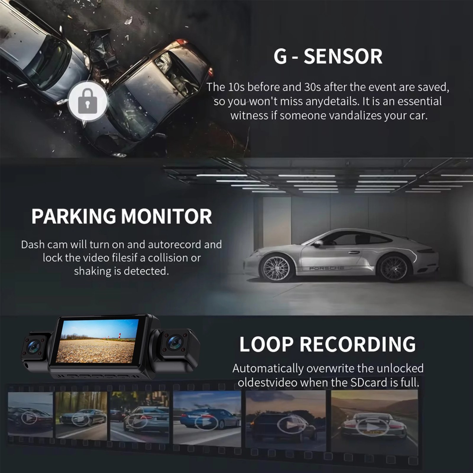 Dual Lens Dash Cam - Loop Recording and G-Sensor